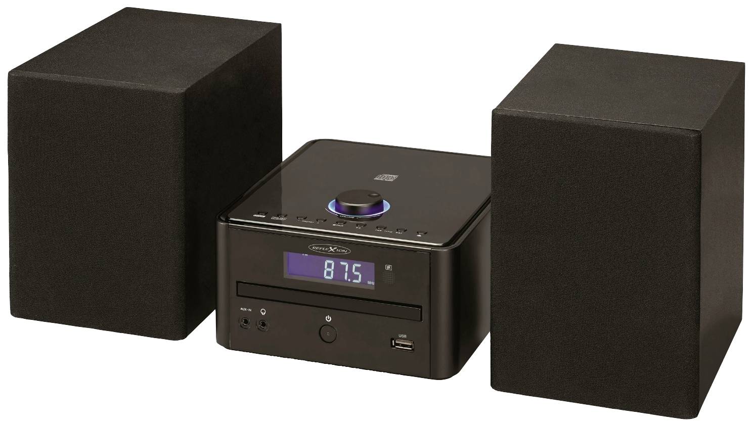 Reflexion HIF79FM Chaîne stéréo FM, Bluetooth, USB, MP3, CD, AUX, avec télécommande, avec caisson d'enceinte noir