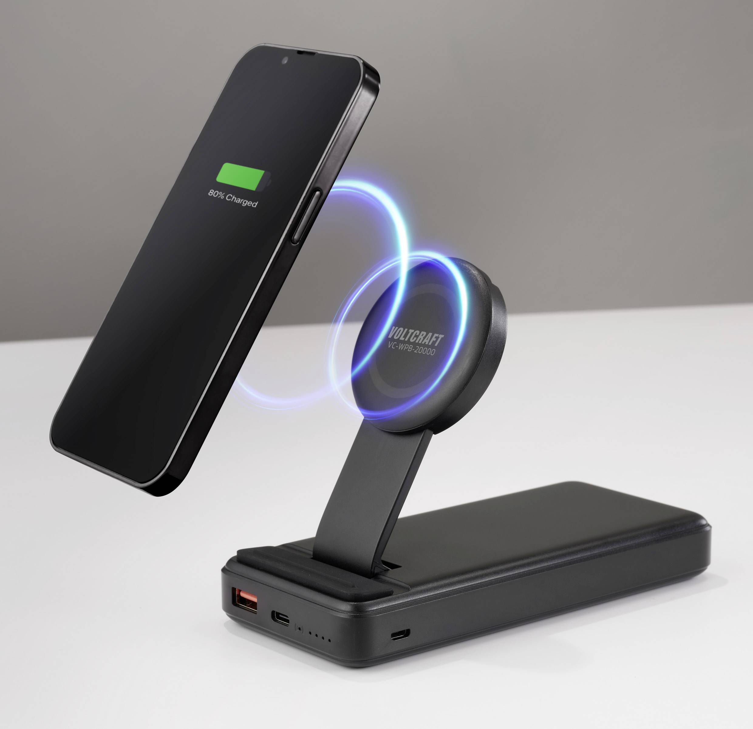 VOLTCRAFT VC-WPB-20000 Powerbank sans fil 20000 mAh Qi Wireless Charging, Power Delivery Li-Ion noir affichage du statut