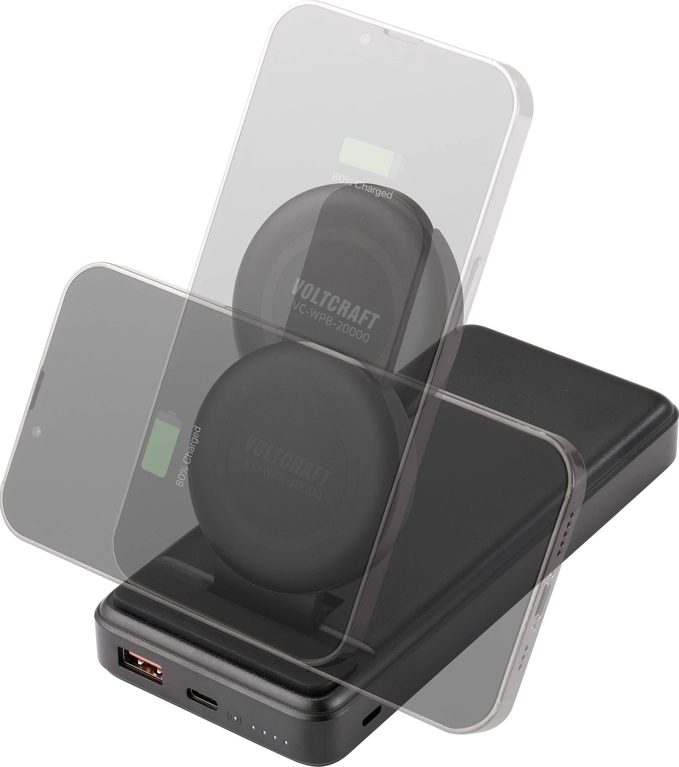 VOLTCRAFT VC-WPB-20000 Powerbank sans fil 20000 mAh Qi Wireless Charging, Power Delivery Li-Ion noir affichage du statut