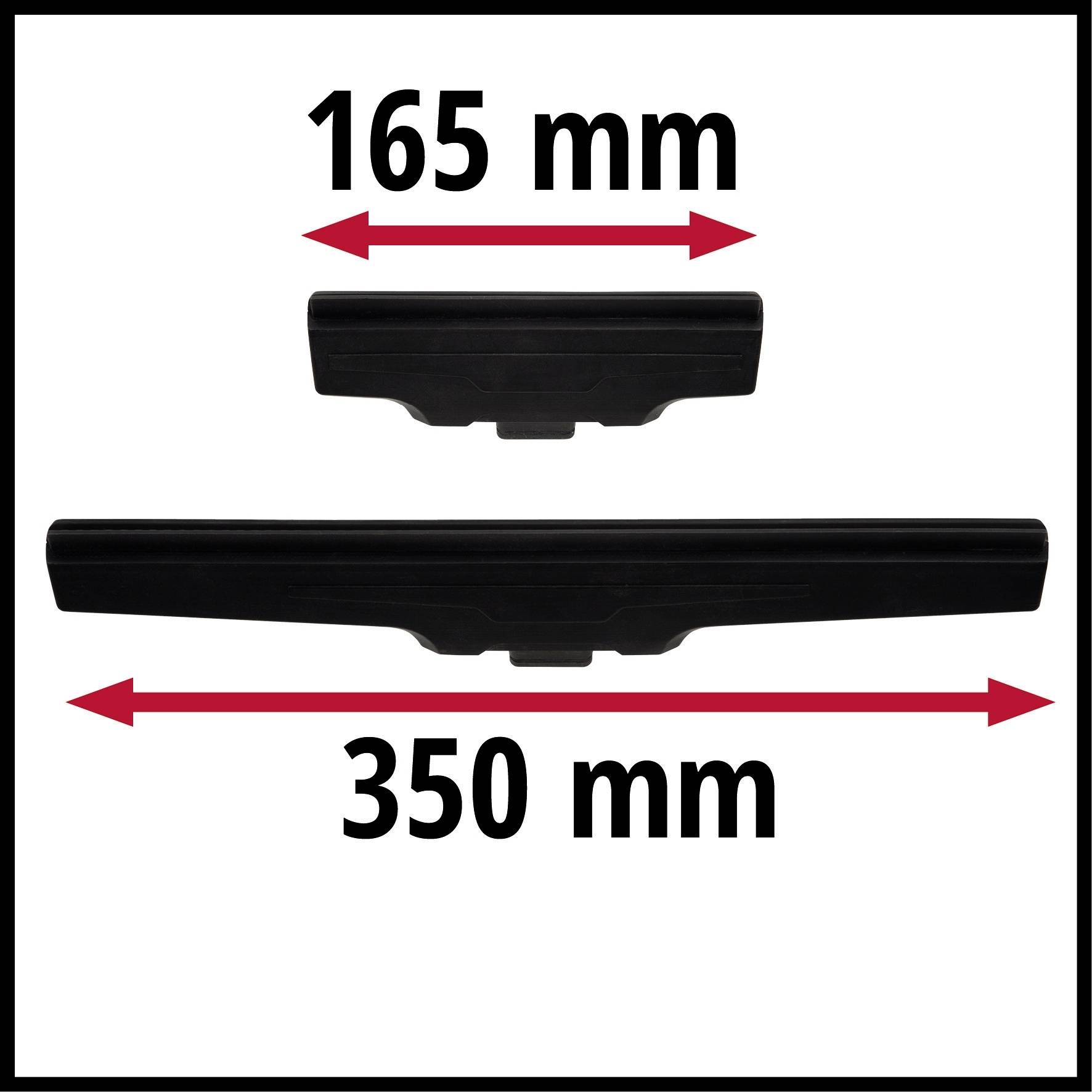 Deux objets rectangulaires noirs sur un fond blanc. Objet supérieur : « 165 mm », objet inférieur : « 350 mm ». Des flèches rouges indiquent les longueurs.