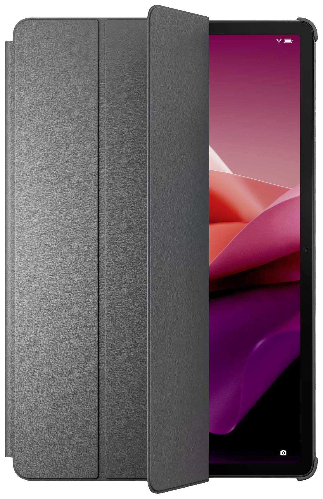 Tablette avec étui de protection noir, partiellement ouvert. Un écran coloré affiche un motif abstrait rose et rouge.