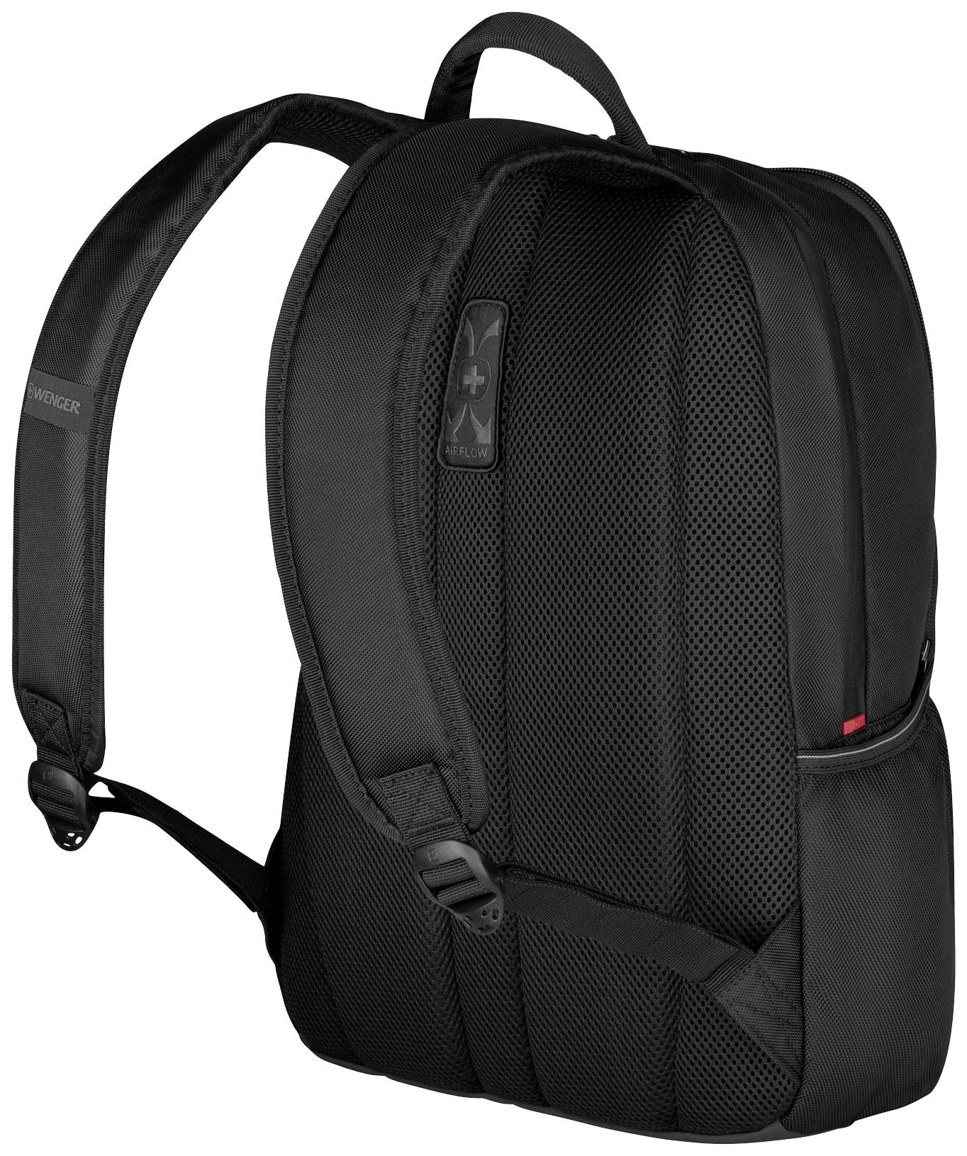 Un sac à dos noir avec des sangles d'épaules rembourrées, une poche latérale et un réseau de ventilation sur la partie arrière, conçu pour un usage quotidien.