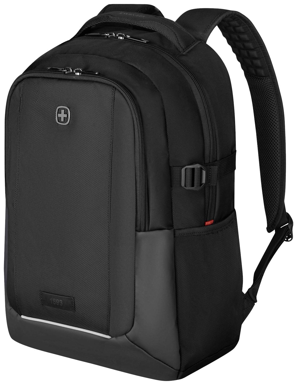 Sac à dos noir avec plusieurs compartiments et sangles réglables, adapté pour l'école ou les voyages.