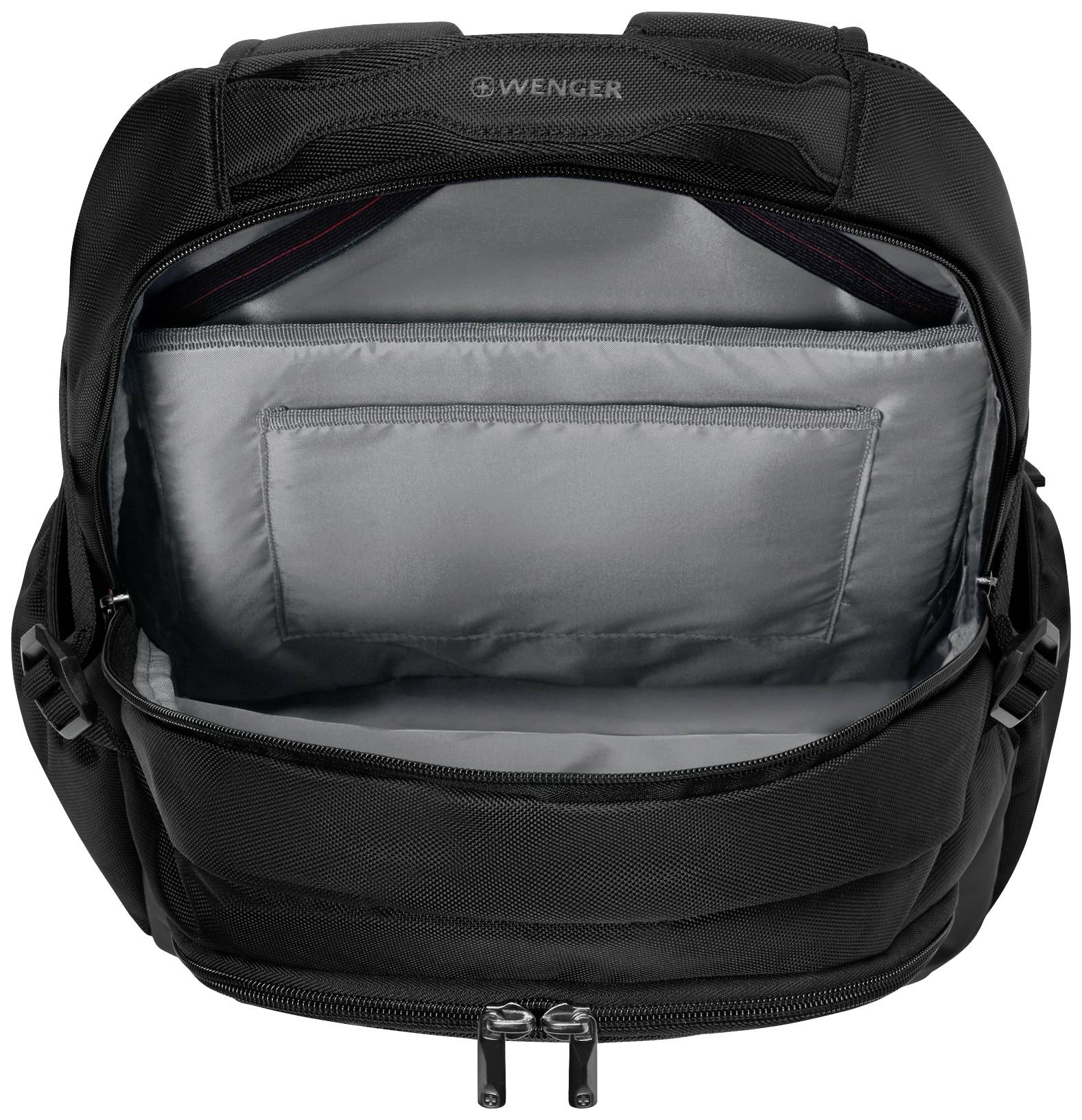 Sac à dos noir avec pochette avant ouverte, montrant plusieurs compartiments intérieurs et un compartiment rembourré pour ordinateur portable.