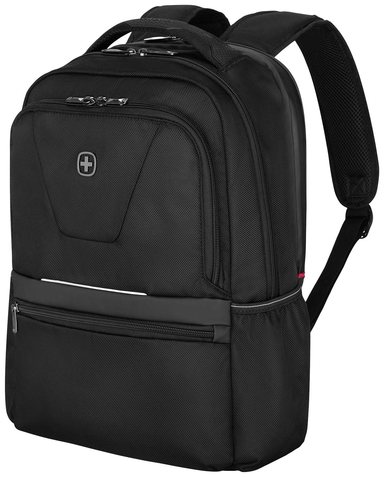 Un sac à dos noir avec plusieurs compartiments à fermeture éclair et un petit symbole de croix blanche sur le devant.