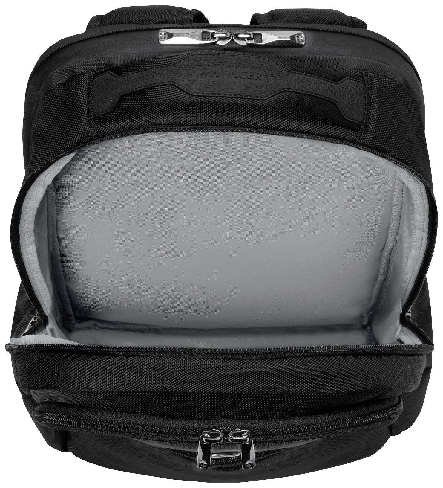 Un sac à dos noir avec le compartiment principal ouvert, montrant l'intérieur sans contenu. La fermeture éclair supérieure est ouverte, l'inférieure est fermée.