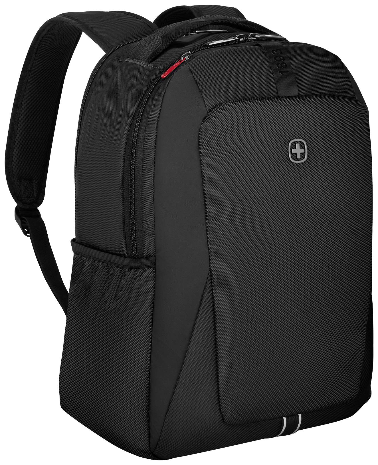 Sac à dos noir avec sangles d'épaules rembourrées. Poche avant avec fermeture à glissière ; poche latérale en filet pour bouteilles.