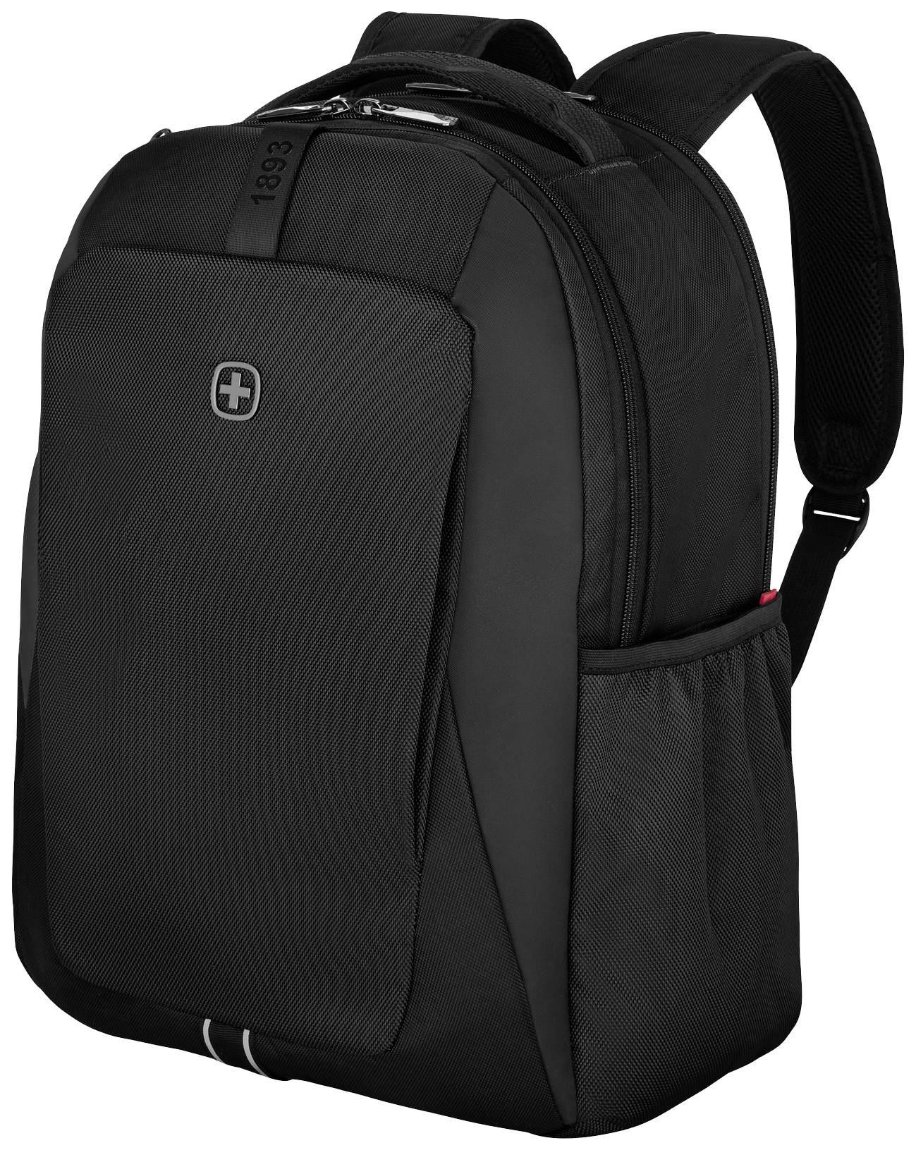 Sac à dos noir avec poche avant et poches latérales en filet. Bretelles rembourrées, design robuste, adapté aux ordinateurs portables.