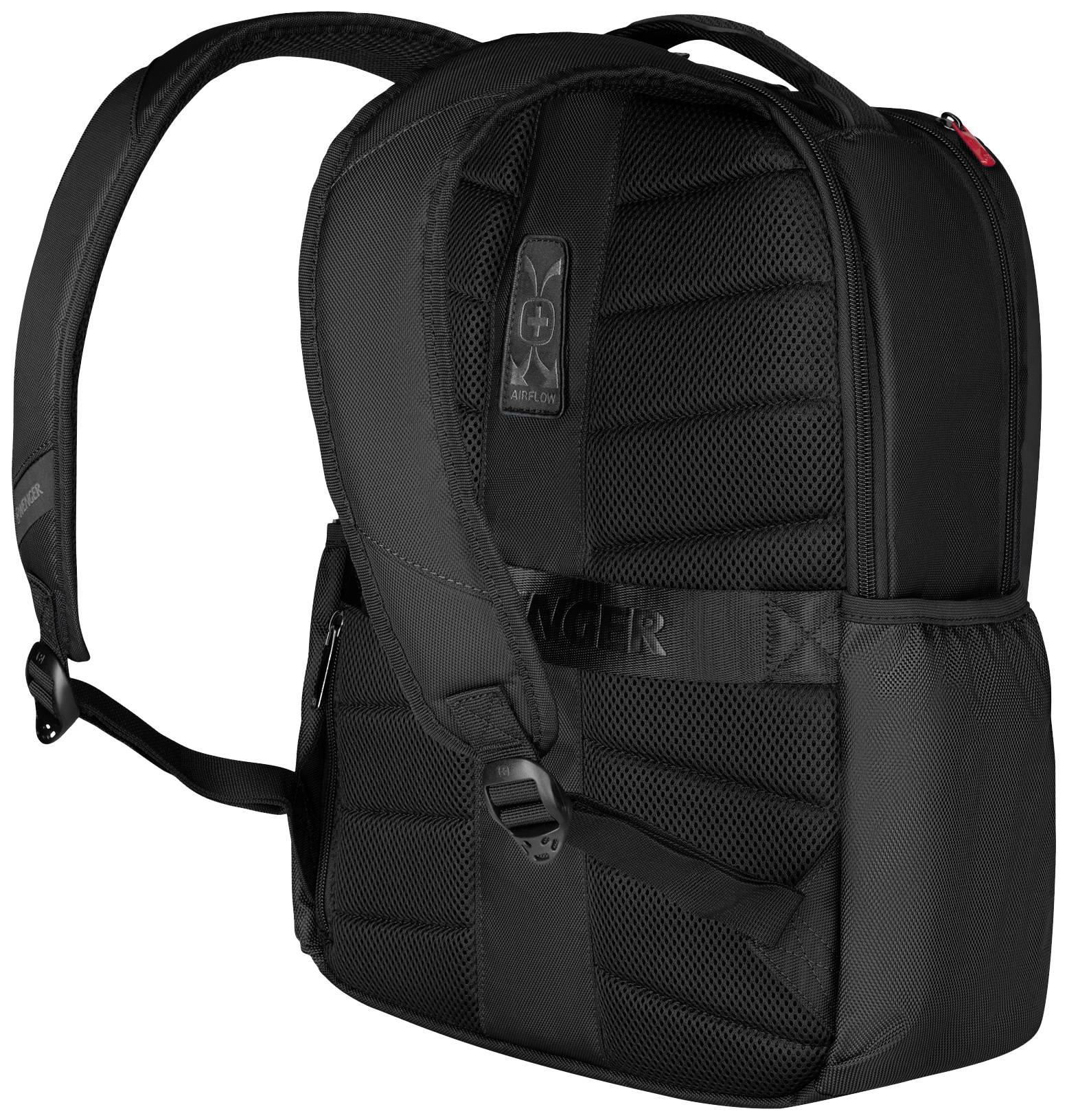 Un sac à dos noir avec des bretelles rembourrées et une petite poche zippée sur l'avant.