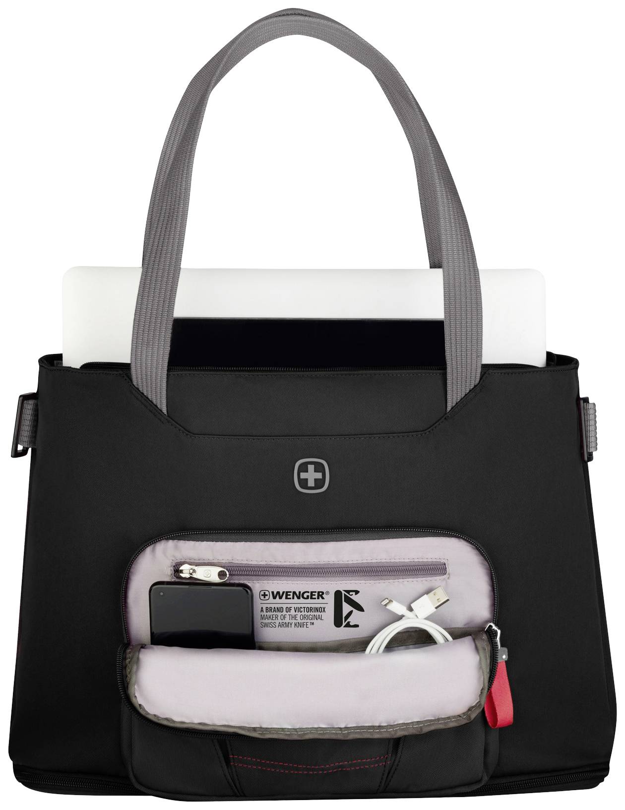 Sac à main noir avec une poche avant ouverte. Dans la poche, un smartphone, un câble de chargement et un stylo sont visibles. Un ordinateur portable dépasse par le haut.