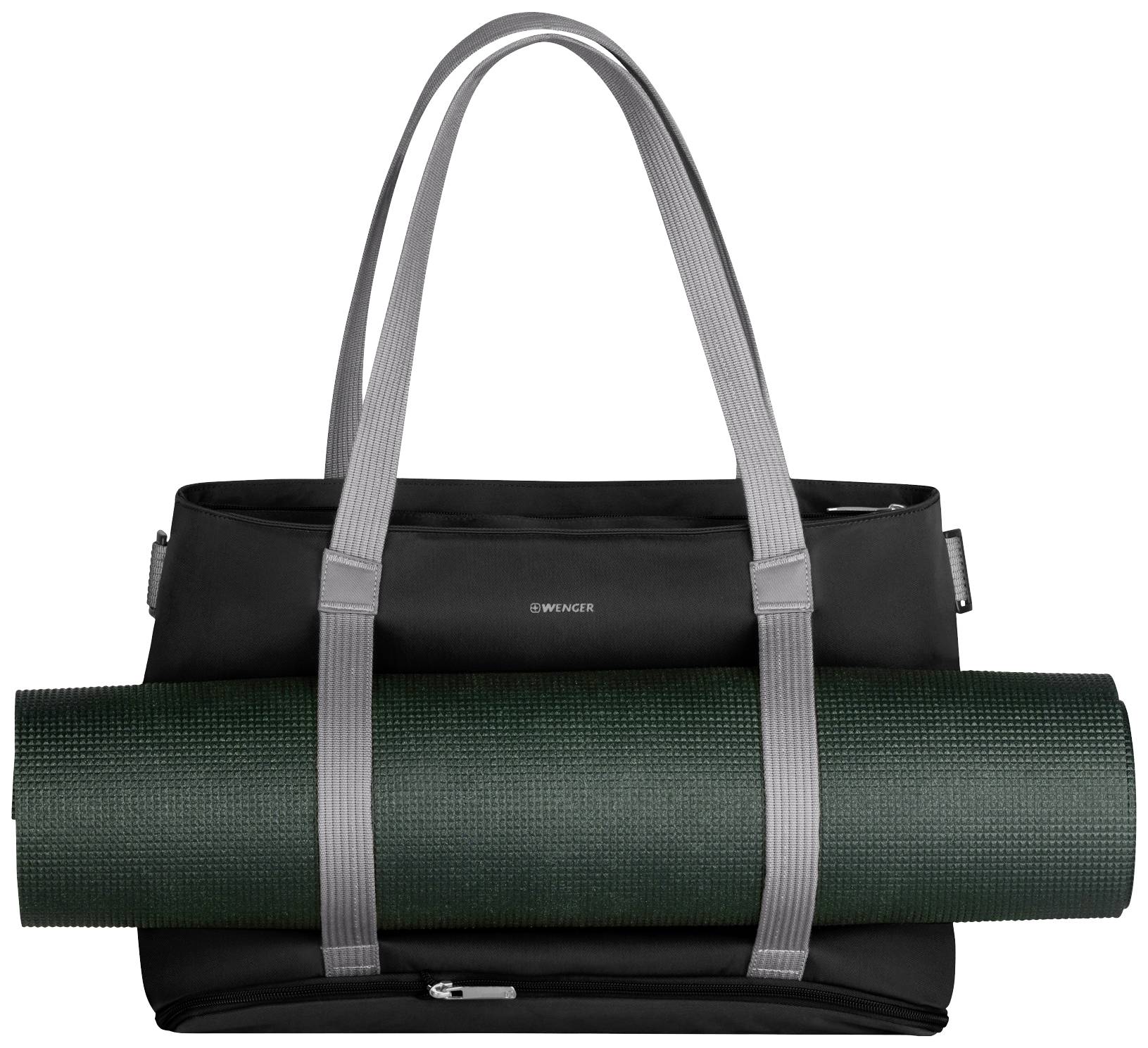 Sac de sport noir avec des poignées grises, avec un tapis de yoga vert attaché à l'avant.