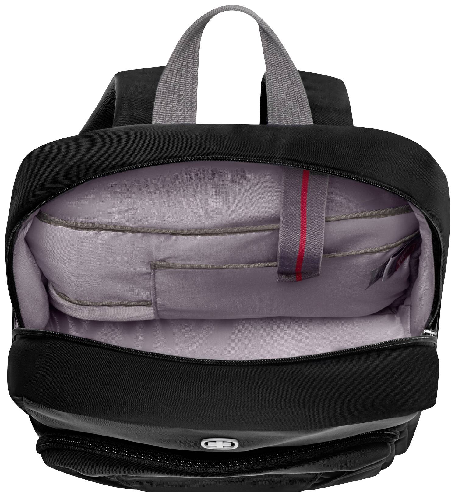 Un sac à dos élégant en noir avec doublure intérieure grise et plusieurs compartiments, idéal pour ranger un ordinateur portable et des effets personnels.