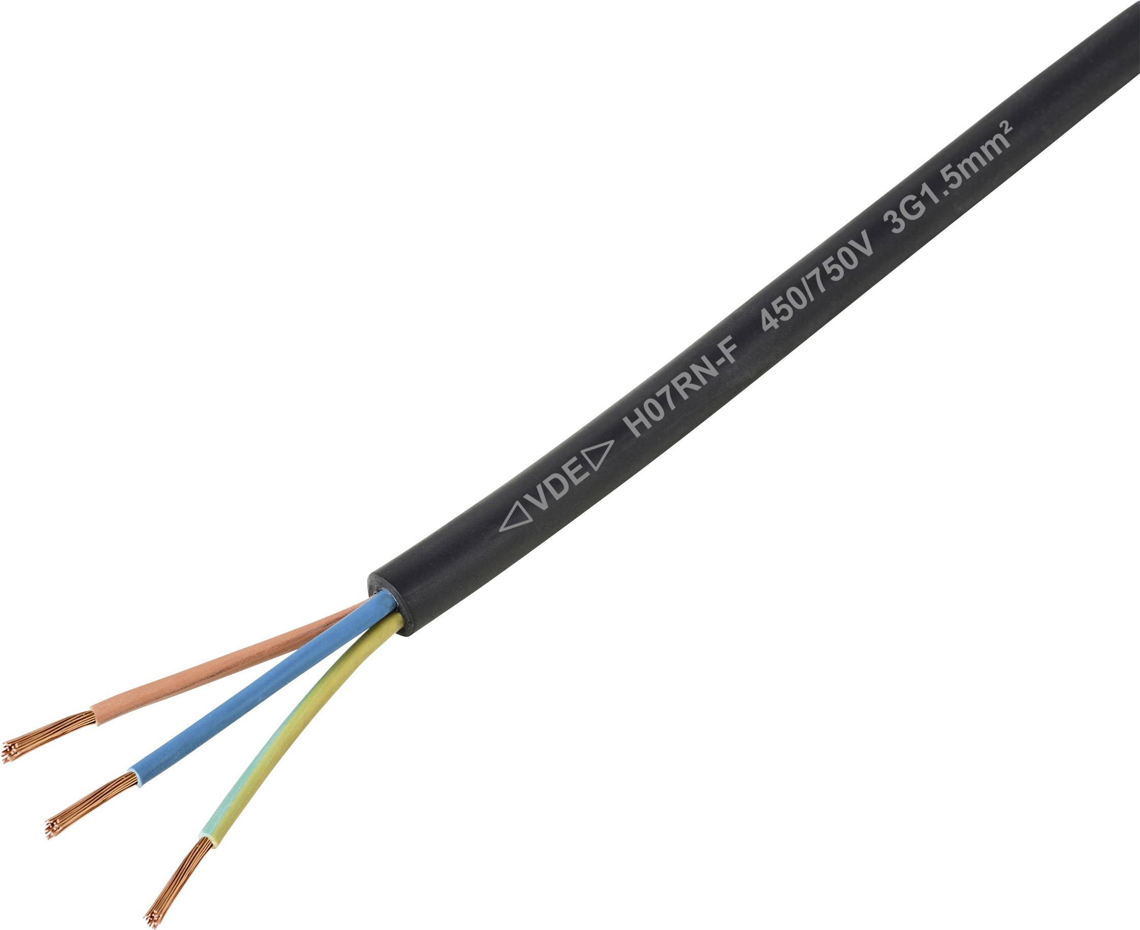 Un câble électrique noir avec trois fils de cuivre exposés, codés par couleur en marron, bleu et vert/jaune, étiqueté « 450/750V 3G1,5mm² ».