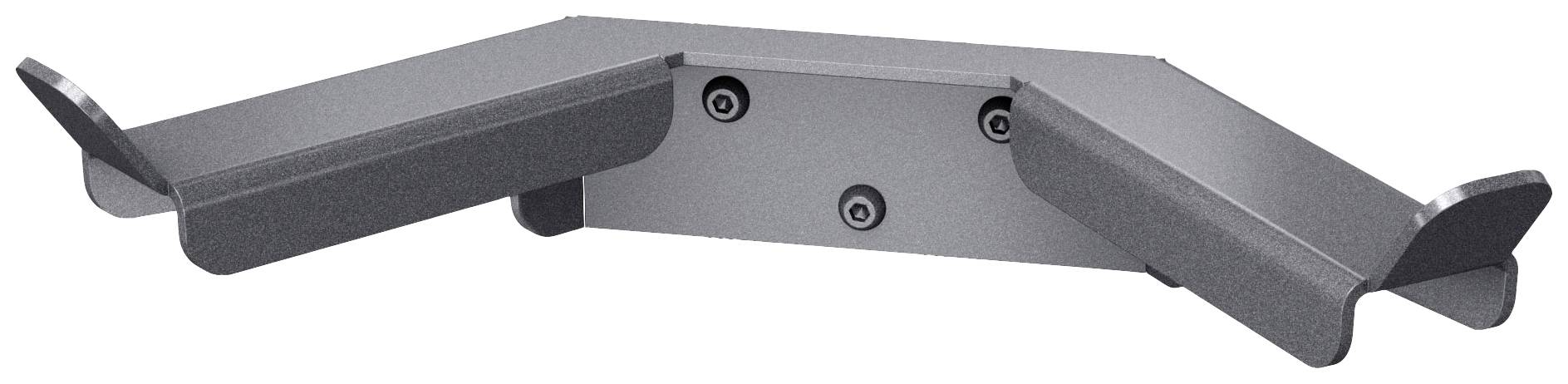 Support de métal gris avec cinq trous de vis et des bras latéraux pour le support ou la fixation sur une surface.