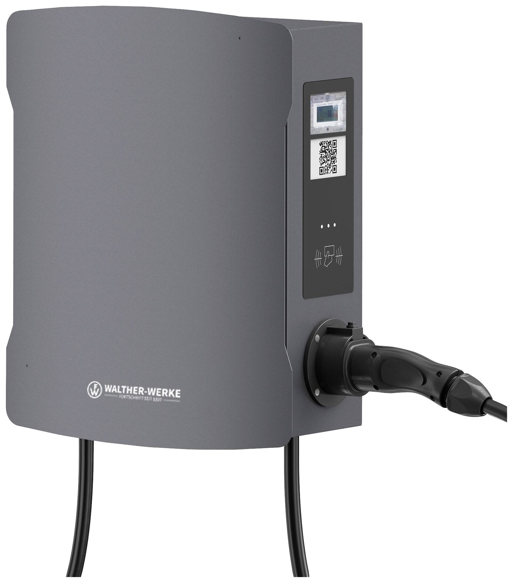 Borne de recharge pour voiture électrique grise de Walther-Werke avec câble de charge connecté. Un petit écran et un code QR sont présents sur la face avant.