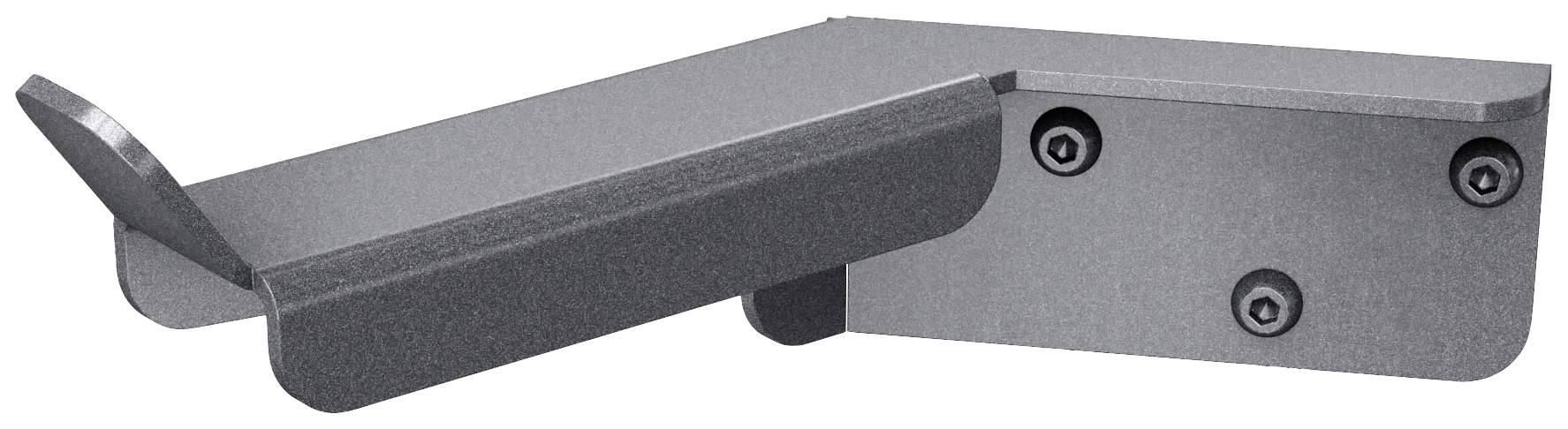 Support d'angle métallique avec quatre trous de vis, adapté pour la fixation sur des murs ou d'autres surfaces. Design robuste.