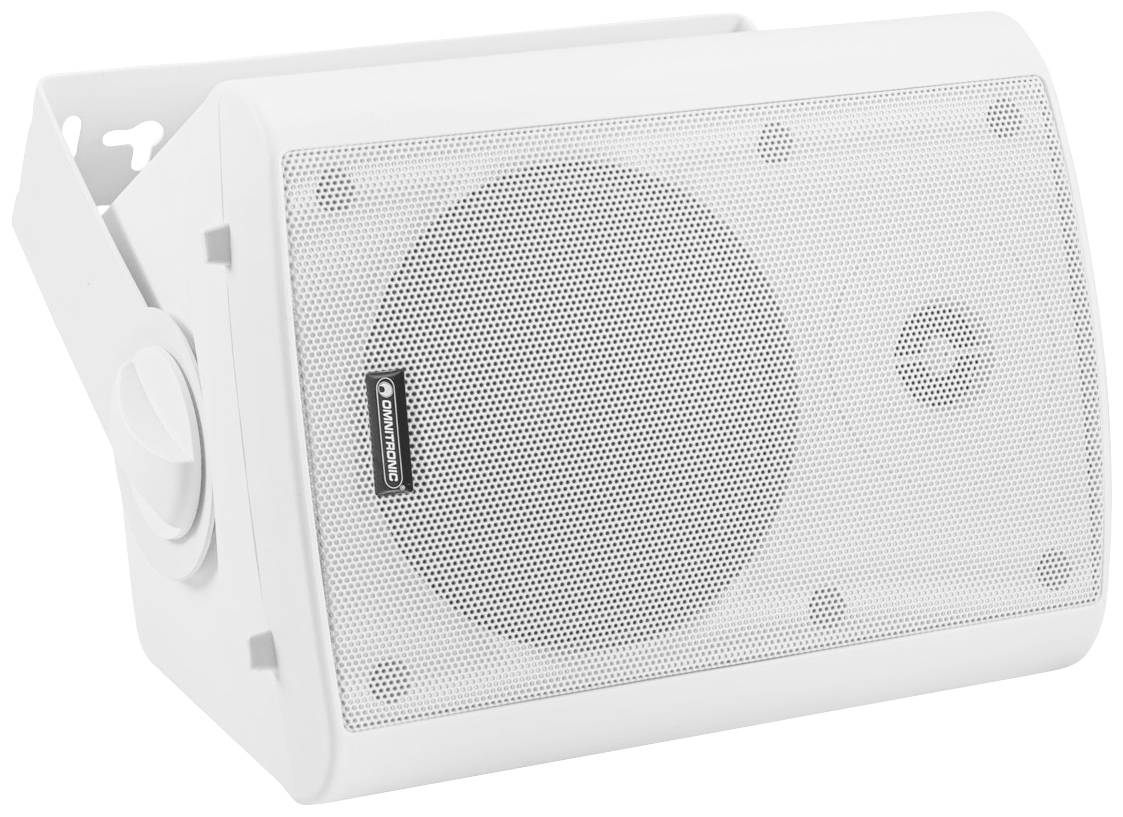 Boîte de haut-parleur extérieur blanc, rectangulaire, avec grille de protection et support mural, adaptée aux applications audio en extérieur.