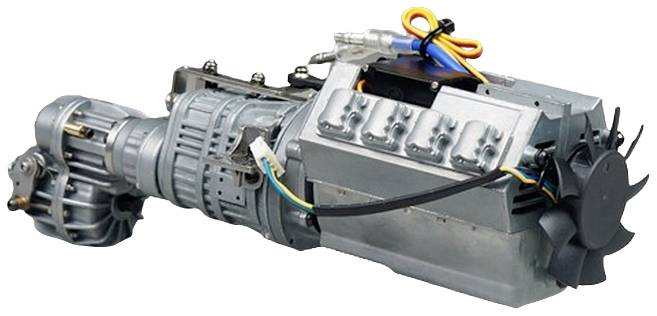 Un moteur électrique avec des câbles et des composants de refroidissement, représenté en détail. Composant principal d'un système de propulsion électrique.