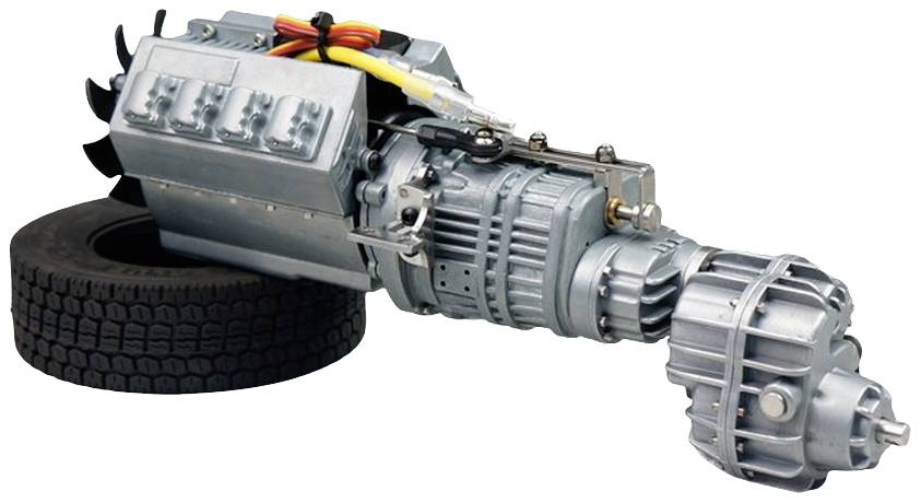 Un moteur métallique avec ventilateur est placé horizontalement au-dessus d'un pneu noir. Un boîtier de vitesses cylindrique est fixé à droite.