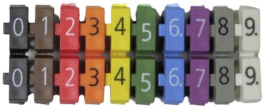 Dix blocs de numéros de câbles à deux rangées dans différentes couleurs, numérotés de 0 à 9 sur chaque rangée.