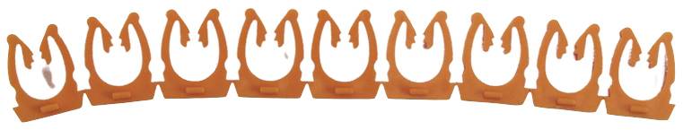 Des clips oranges en plastique alignés, utilisés typiquement pour fermer les sacs de pain.