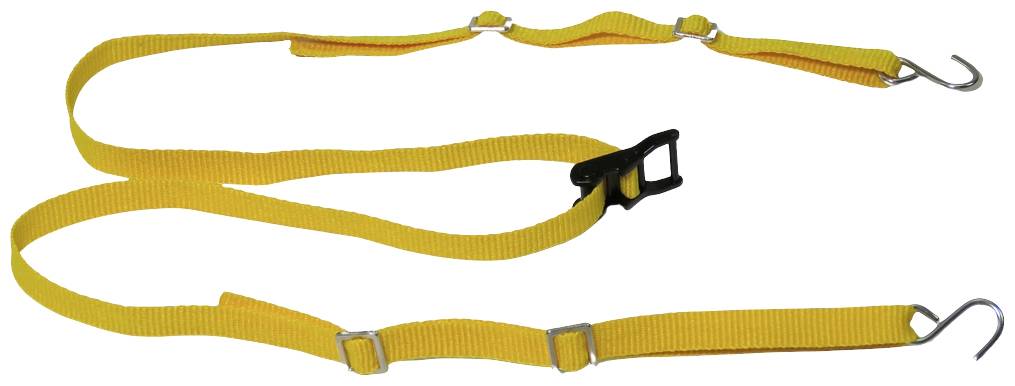 Sangle de tension jaune avec crochets aux deux extrémités et boucle au milieu, utilisée pour sécuriser des objets pendant le transport.