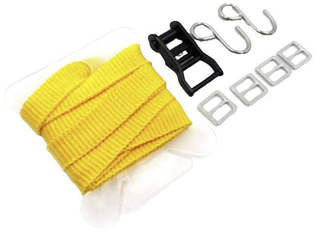 Bande jaune, boucle noire, trois crochets et supports métalliques sur fond blanc, adapté pour la fixation.