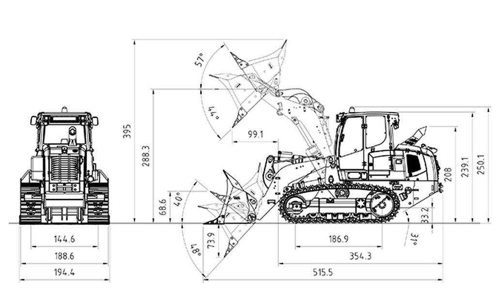 Illustration d'une pelleteuse avec des dimensions spécifiques en centimètres. L'image montre les vues latérale et frontale avec des indications de mesures détaillées.
