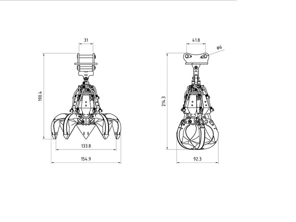 Dessin technique d'une pince de grue avec dimensions en millimètres : Largeur 133,8, Hauteur 196,4. D'autres détails de construction sont représentés.
