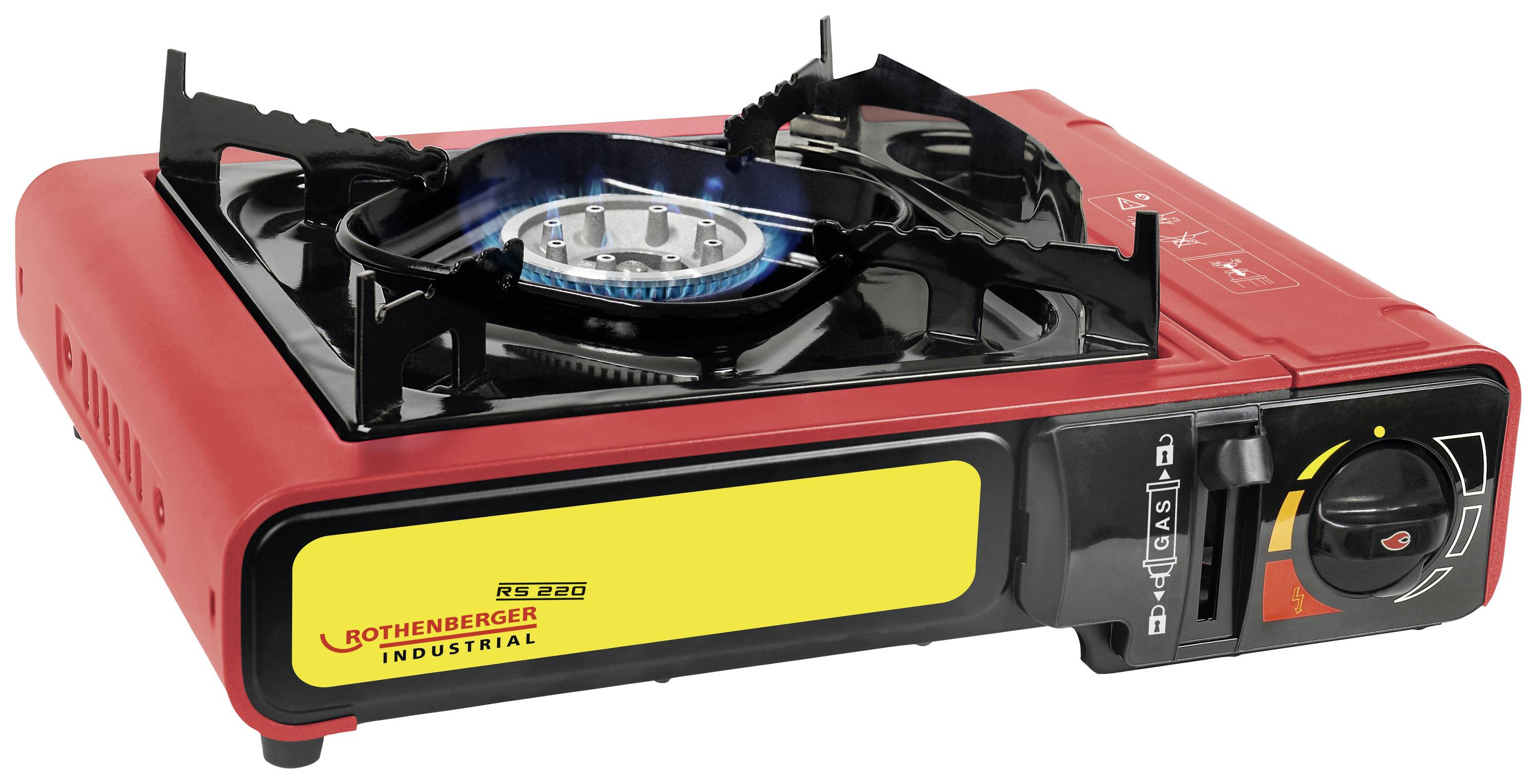 Réchaud à gaz portable rouge avec brûleur noir et flamme, logo de marque jaune 'Rothenberger Industrial' sur le côté.