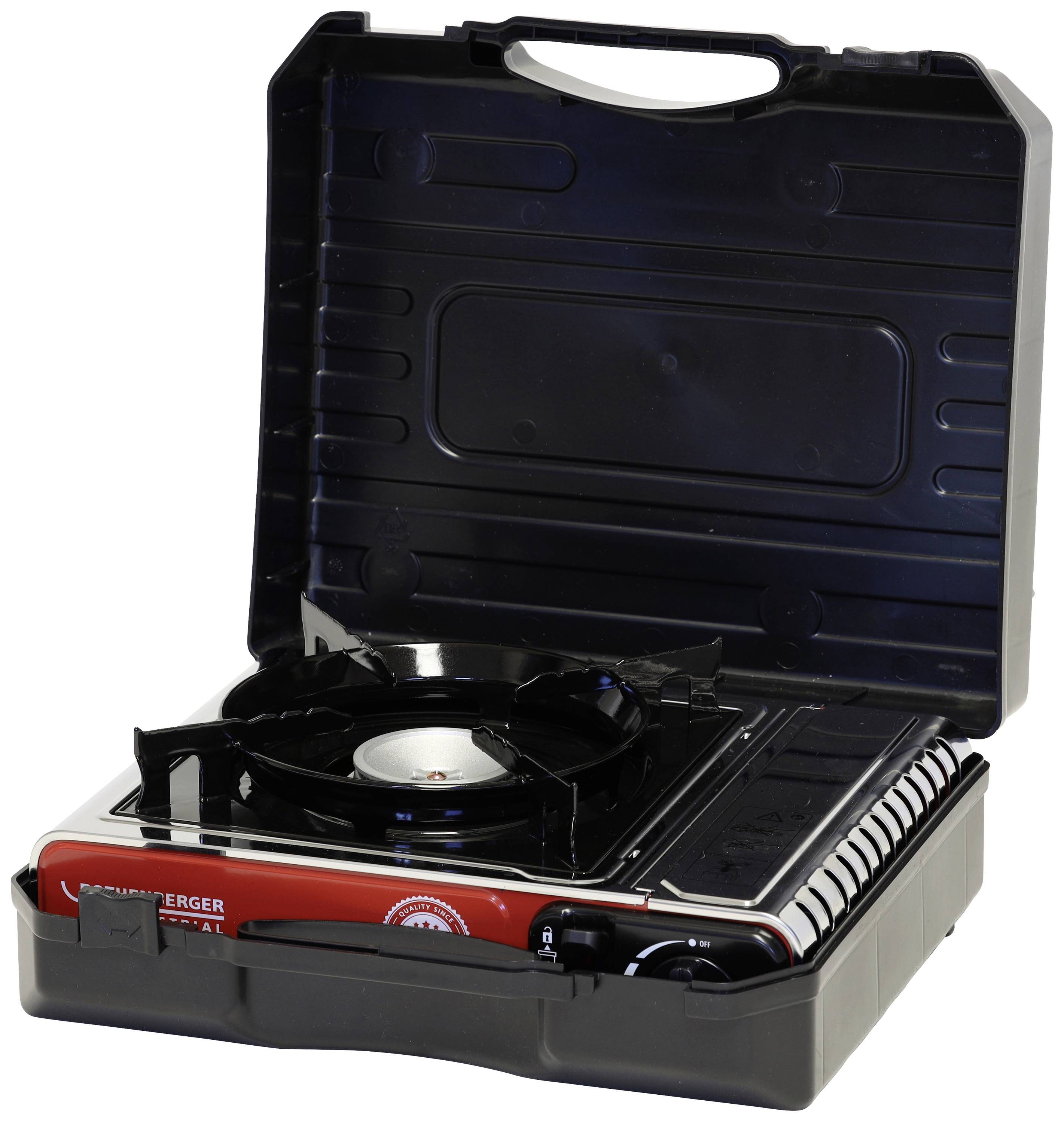 Réchaud de camping installé dans un coffret noir portable ouvert, montrant les brûleurs et le bouton de commande. Idéal pour le camping en extérieur et les déplacements.