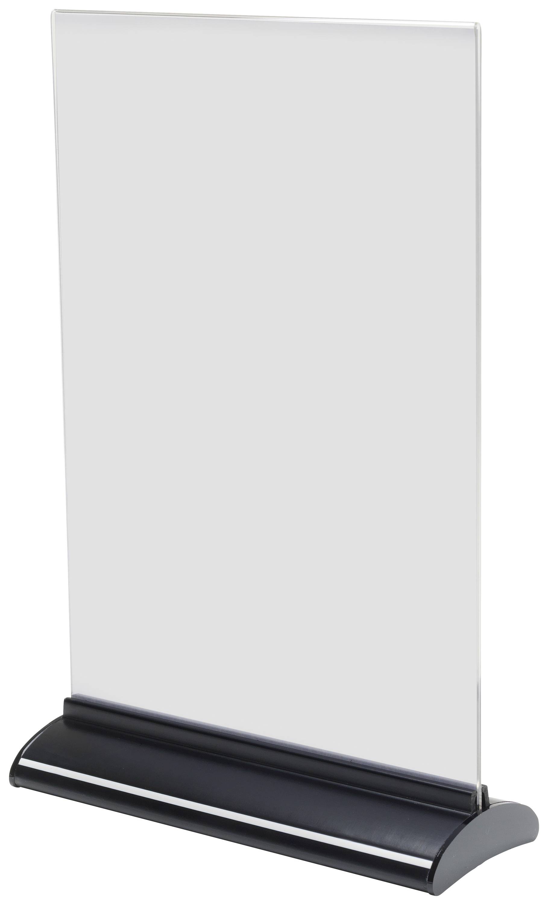 Un support de présentation vide en matériau transparent, placé verticalement, avec un socle noir. Idéal pour les présentations.