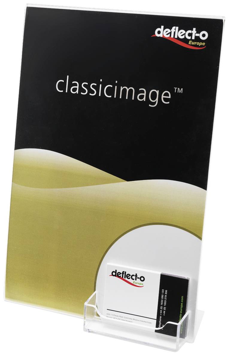 Un présentoir de documentation en acrylique de deflect-o Europe avec un fond noir et or ; conçu pour la présentation de brochures ou de cartes.