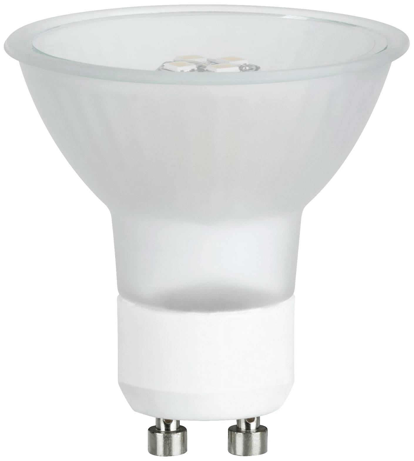 Une ampoule LED avec un culot GU10, adaptée aux économies d'énergie dans les foyers, est droite contre un fond blanc.