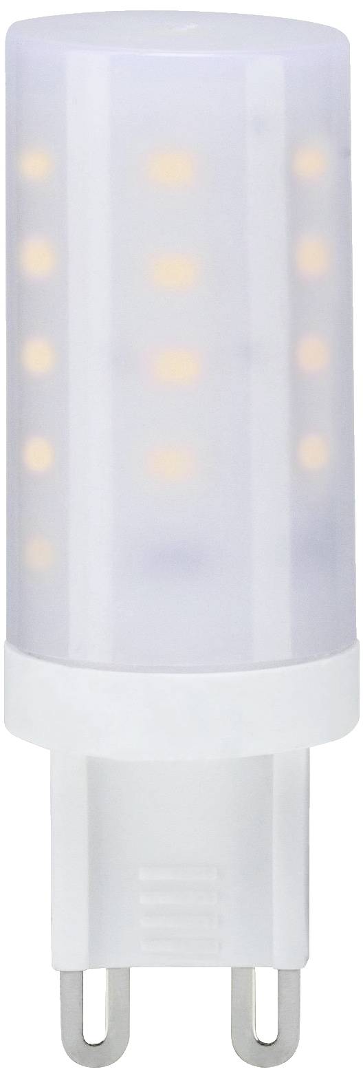 Ampoule LED cylindrique avec plusieurs points lumineux sur fond blanc, adaptée aux douilles G9.
