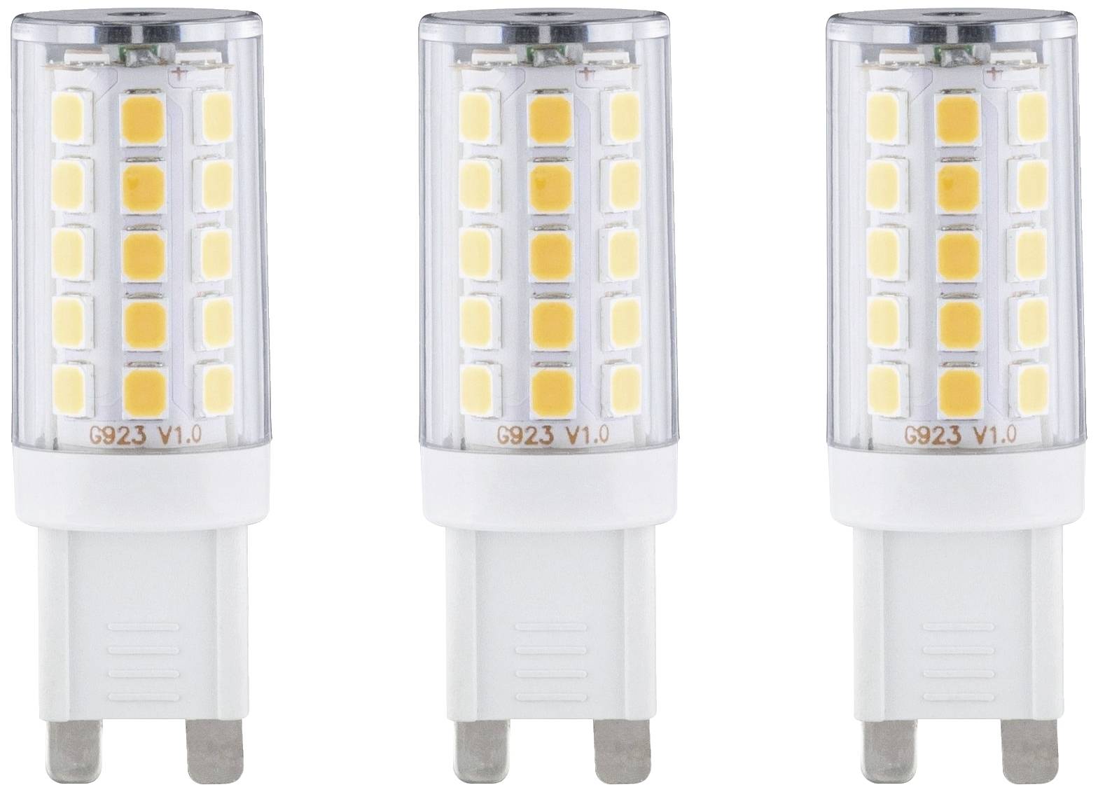 Trois lampes LED blanches à base G9 alignées verticalement. Chacune présente une rangée de petits carrés lumineux.