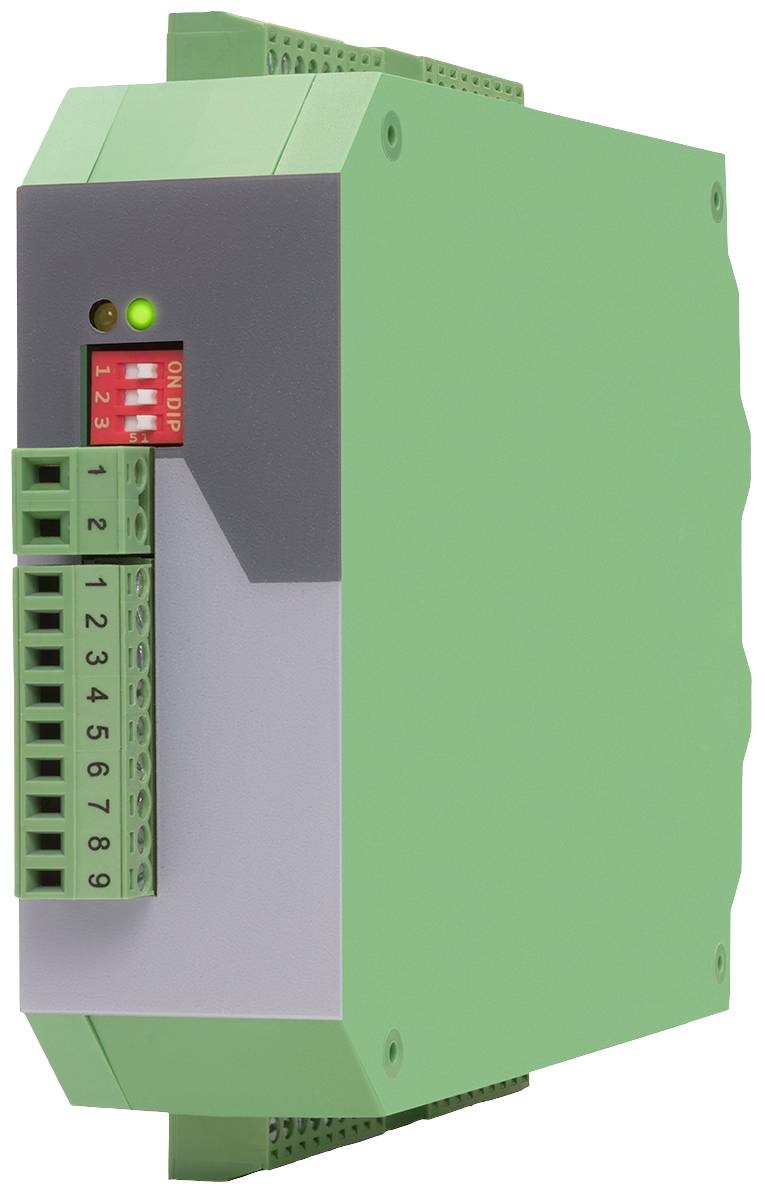 Appareil électronique avec un boîtier vert et des connexions, probablement un module destiné à des applications industrielles.