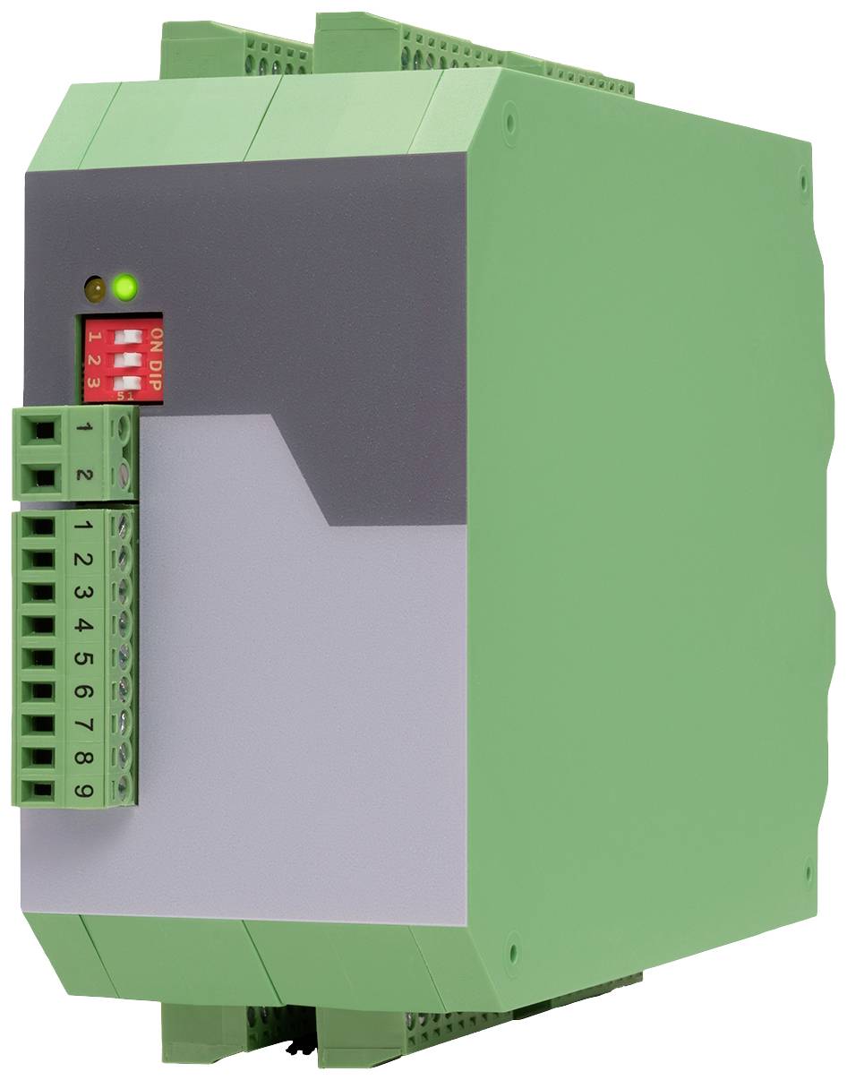 Appareil électronique doté d'un boîtier en plastique vert et gris, équipé de quatre interrupteurs rouges et d'un voyant LED vert en haut à gauche.