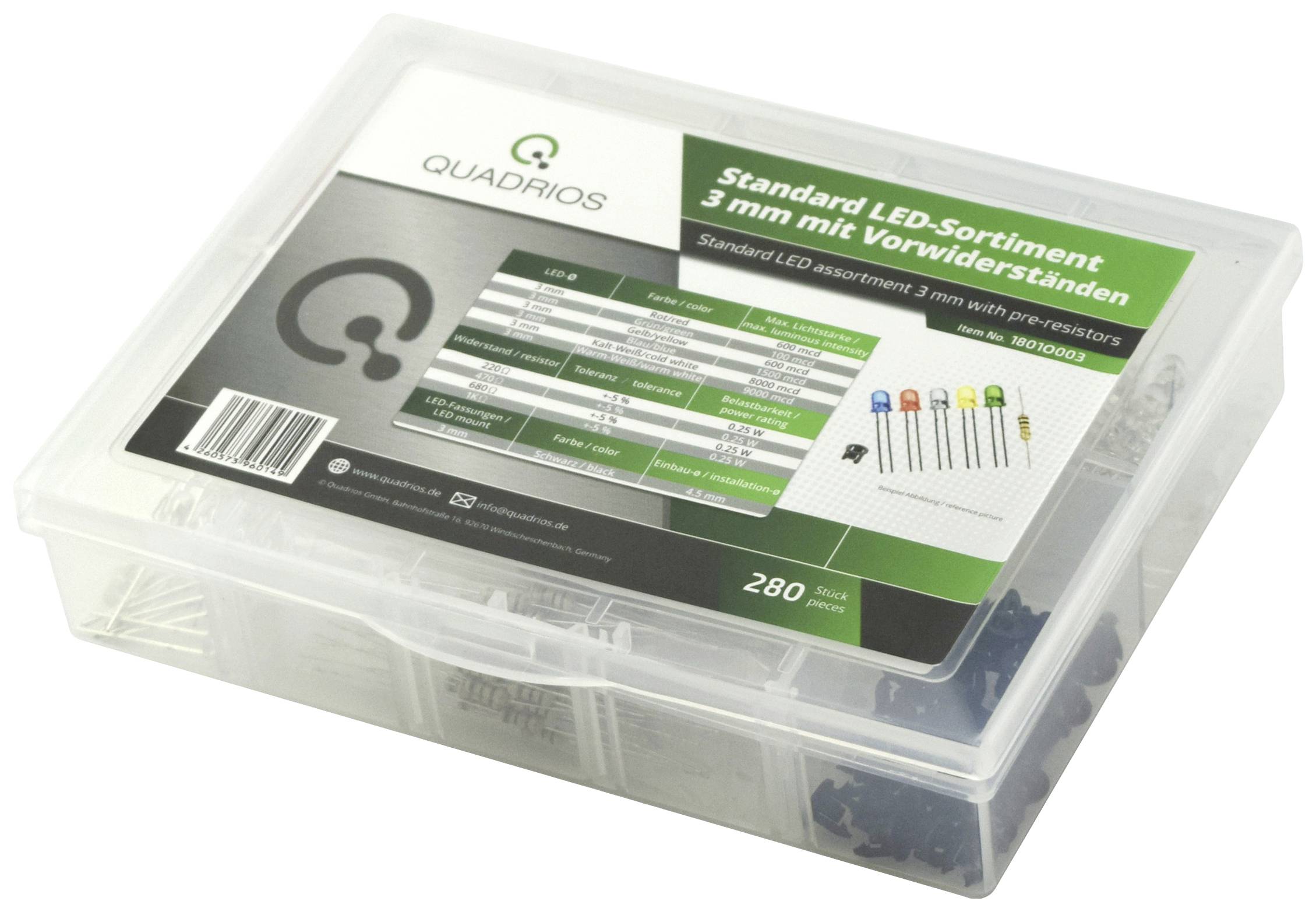 Quadrios Assortiment de LEDs rouge, vert, jaune, bleu, blanc froid, blanc chaud 3 mm 20 mA 3.0 V