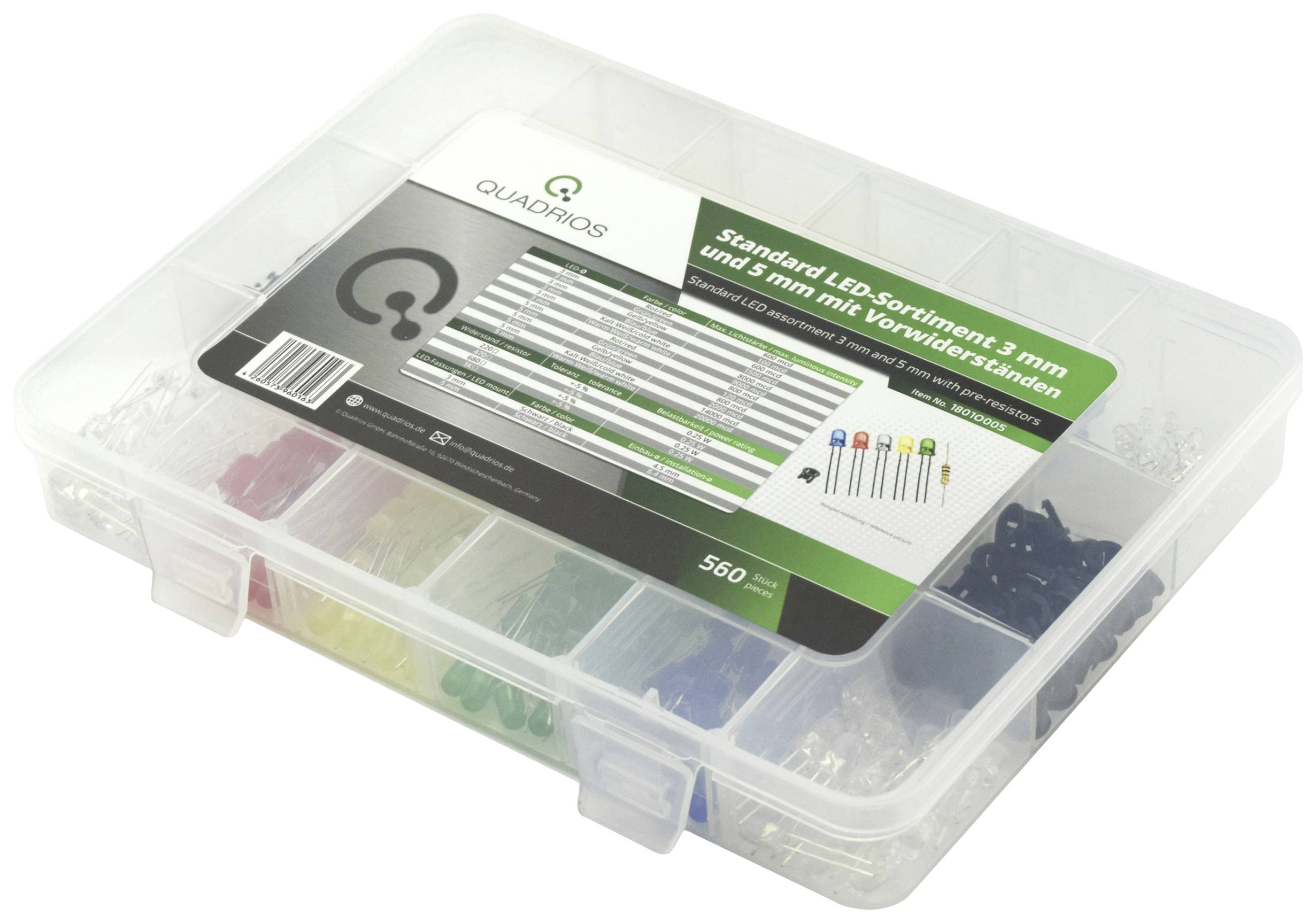 Quadrios Assortiment de LEDs rouge, vert, jaune, bleu, blanc froid, blanc chaud 3 mm, 5 mm 20 mA 2.0 V