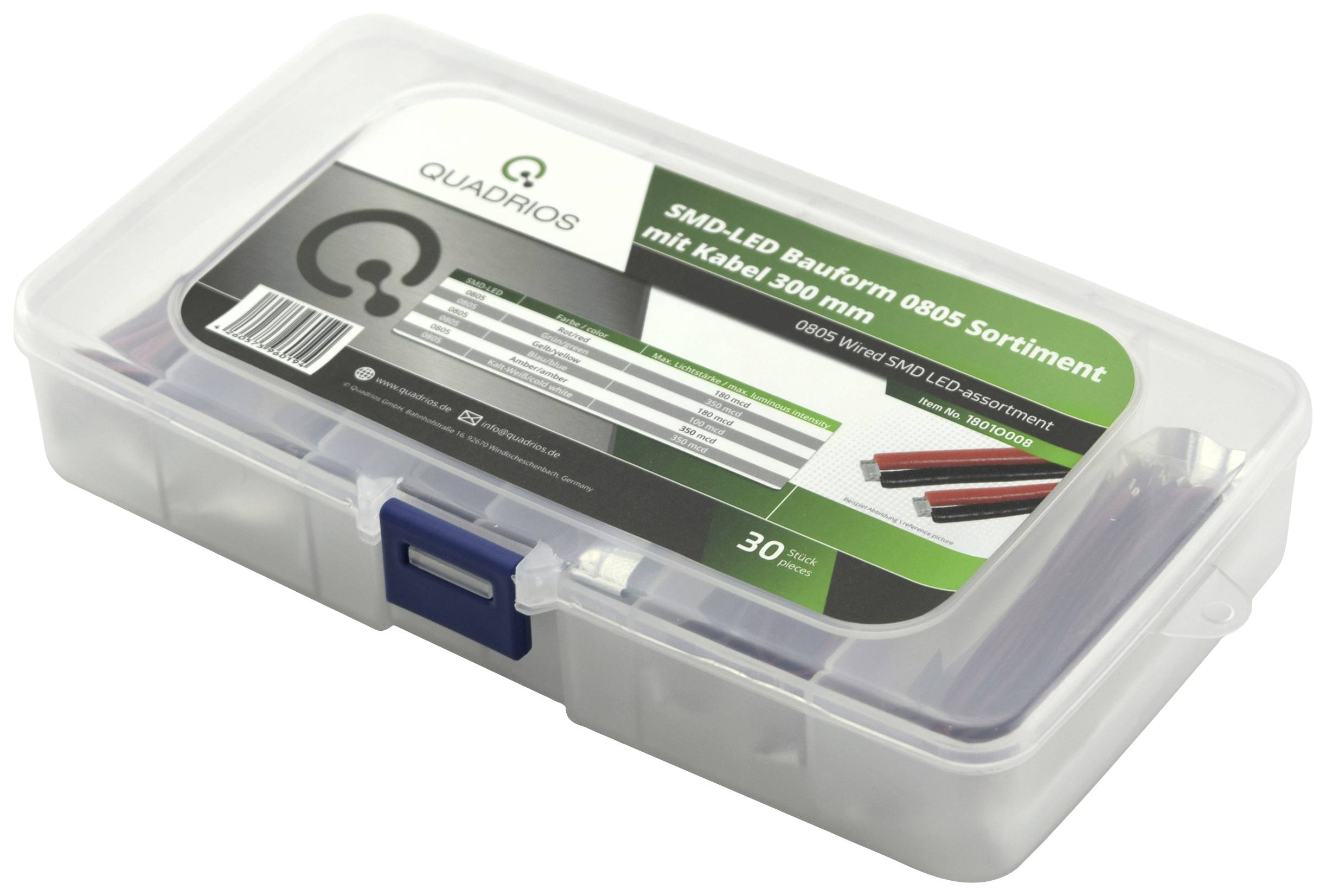 Transparente Kunststoffbox mit mehreren LED-Bauteilen. Etikett zeigt Details: 'SMD-LED Bauform 0805 Sortiment mit Kabel 300 mm'.