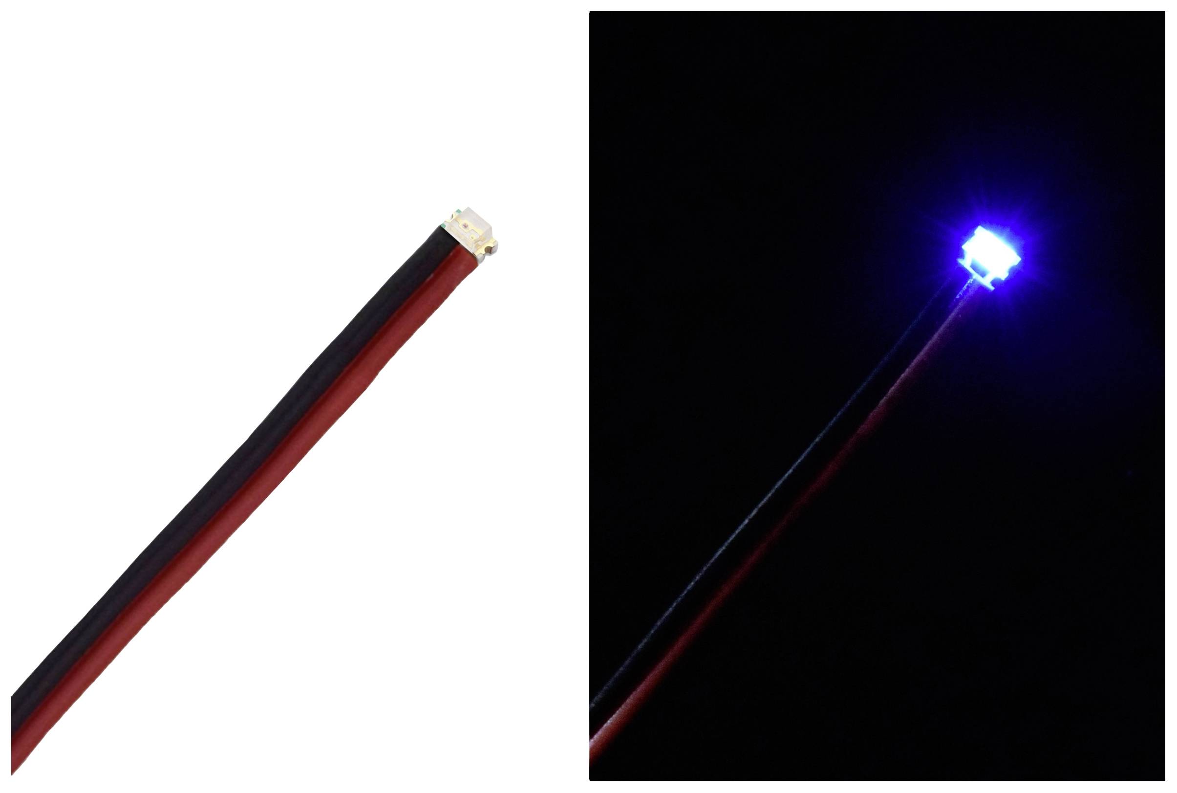 Zwei Bilder eines blauen LED-Lichts: links unbeleuchtet mit schwarzem Kabel, rechts leuchtend in dunkler Umgebung.
