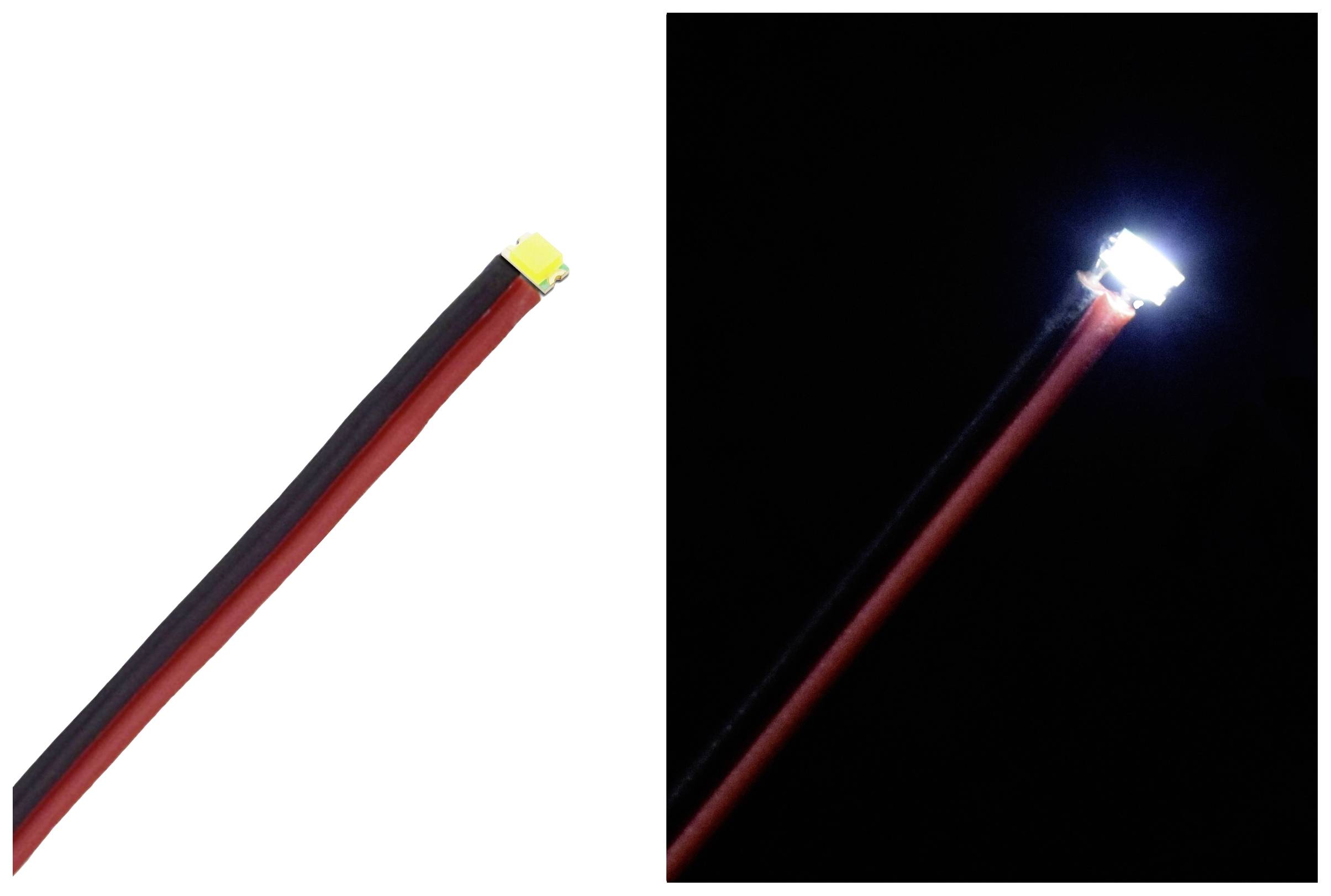 Links Kabel mit gelber LED, rechts gelbe LED leuchtend in der Dunkelheit.