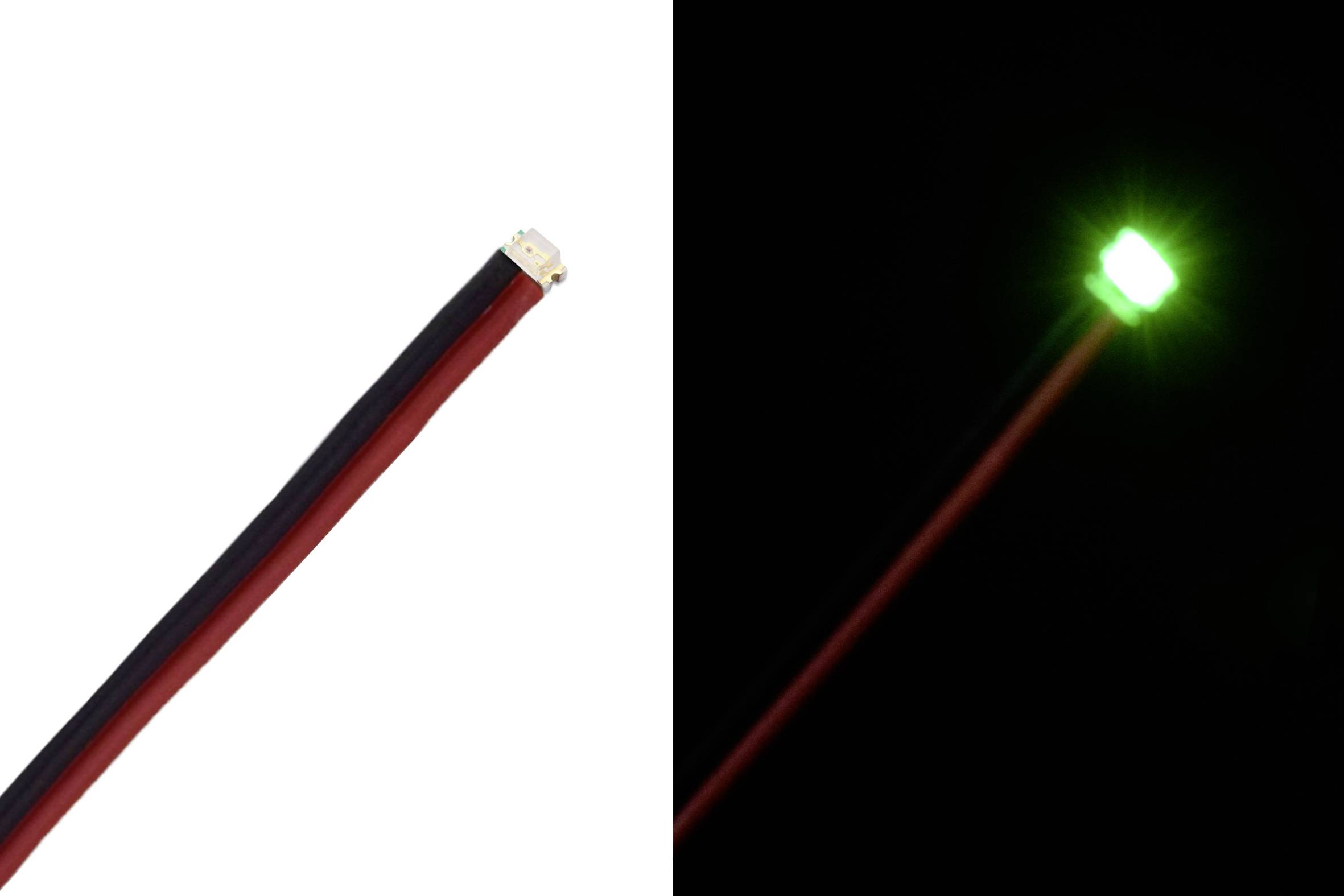 Ein LED-Licht, links ausgeschaltet und rechts leuchtend grün, mit schwarzem Kabel auf schwarzem Hintergrund.