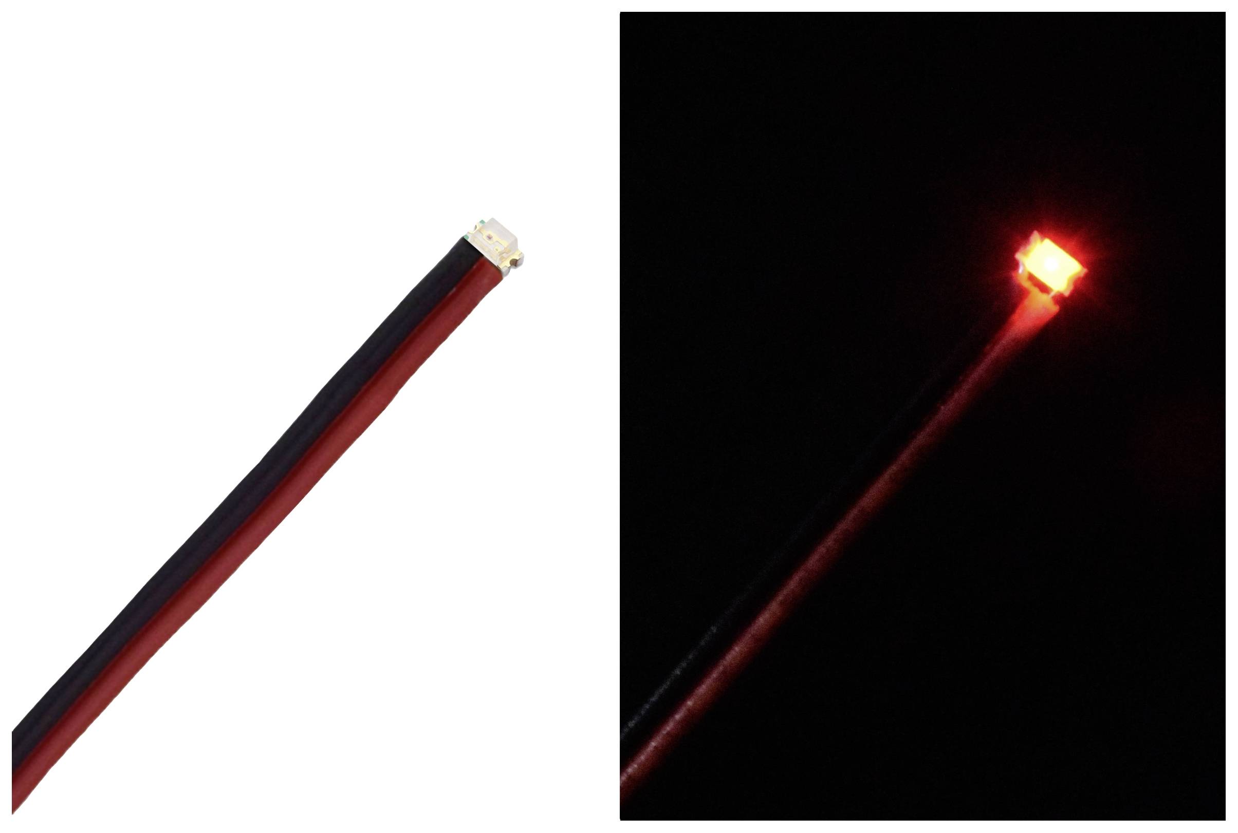Ein Kabel mit LED-Spitze. Links unbeleuchtet, rechts rot leuchtend. Bezieht sich auf Beleuchtungs- oder Anzeigetechnologie.