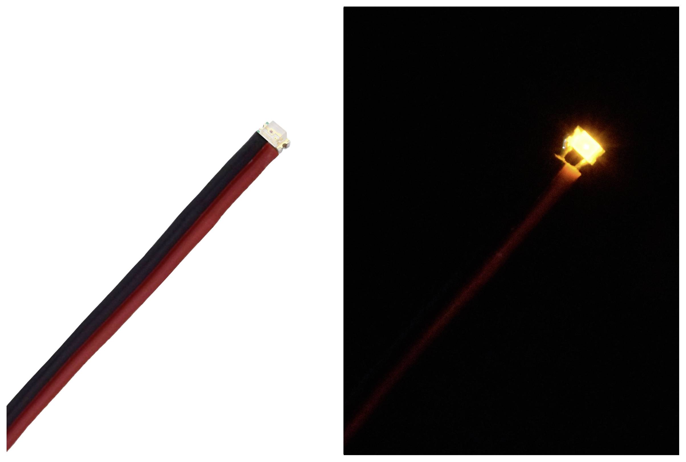 Zwei Ansichten einer kleinen LED-Leuchte: links ausgeschaltet mit Draht, rechts eingeschaltet und leuchtend im Dunkeln.