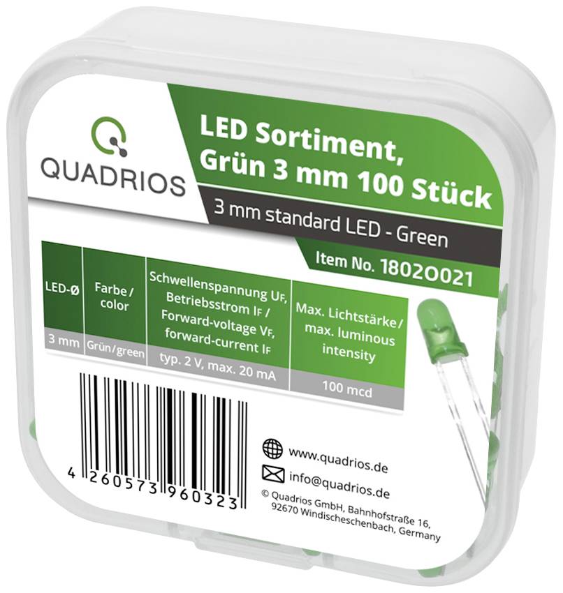 Quadrios Assortiment de LEDs vert 3 mm 20 mA 2.0 V