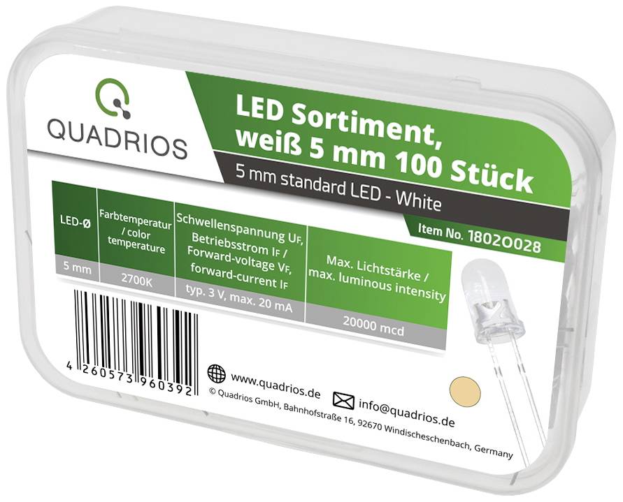 Quadrios Assortiment de LEDs blanc chaud 5 mm 20 mA 3.0 V