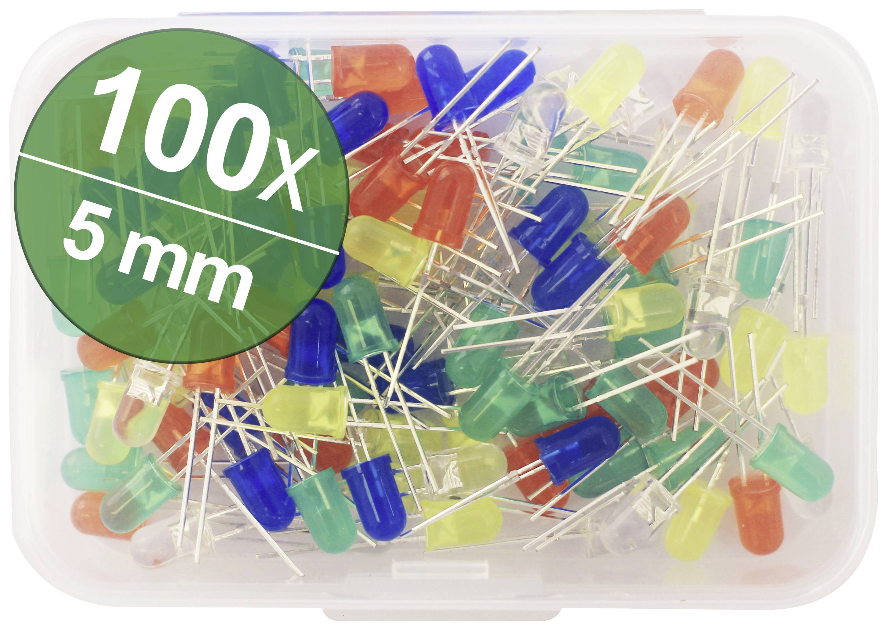 Une boîte de 100 LED colorées de 5 mm, disponibles dans différentes couleurs.