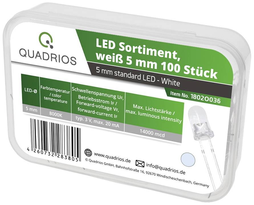 Quadrios Assortiment de LEDs blanc froid 5 mm 20 mA 3.0 V